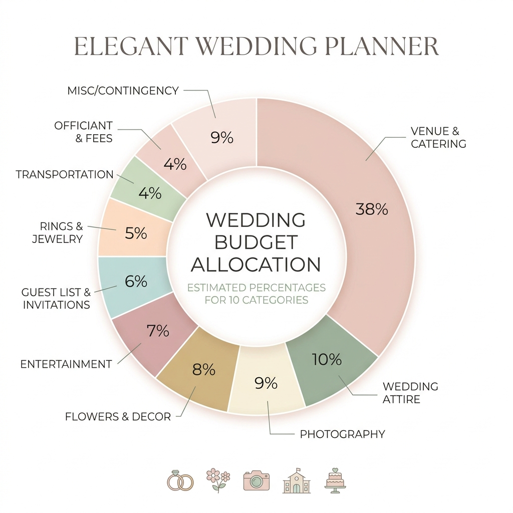 Pie chart breakdown of a $10,000 wedding budget by category