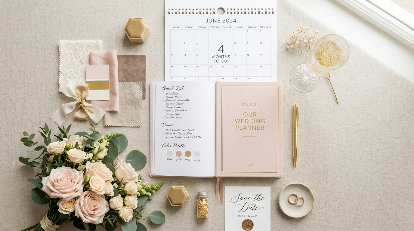 Wedding planning notebook and calendar for a 4-month wedding planning timeline