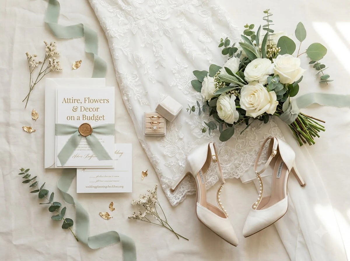 White wedding bouquet with eucalyptus greenery beside a bridal gown and shoes