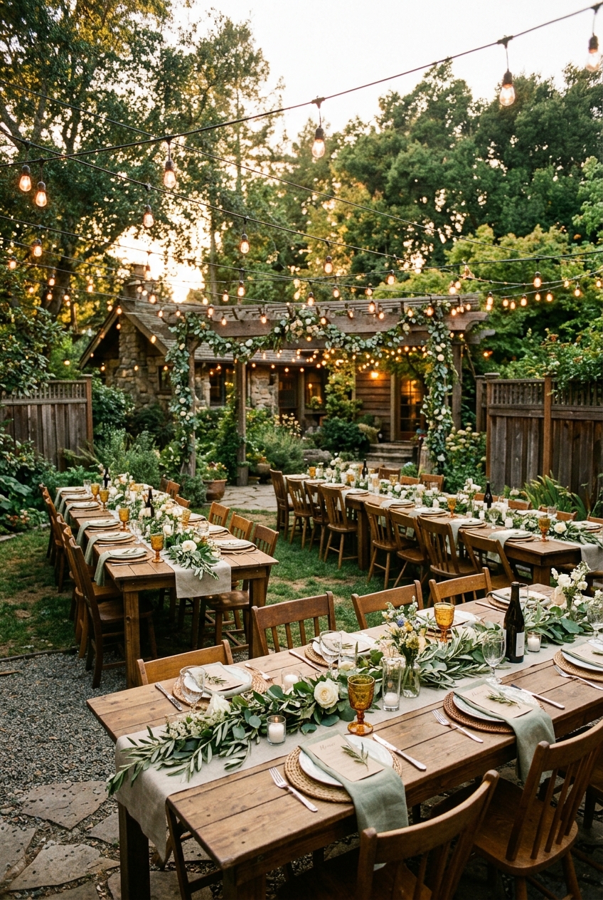 Backyard wedding reception setup for 60 guests on a small budget
