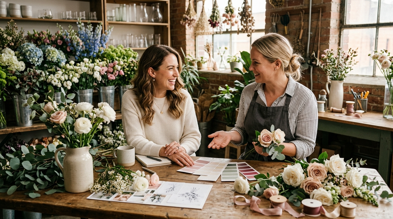 Couple meeting with a florist while booking wedding vendors