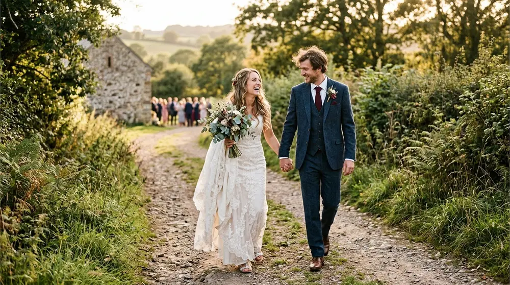 Joyful bride and groom walking hand in hand outdoors