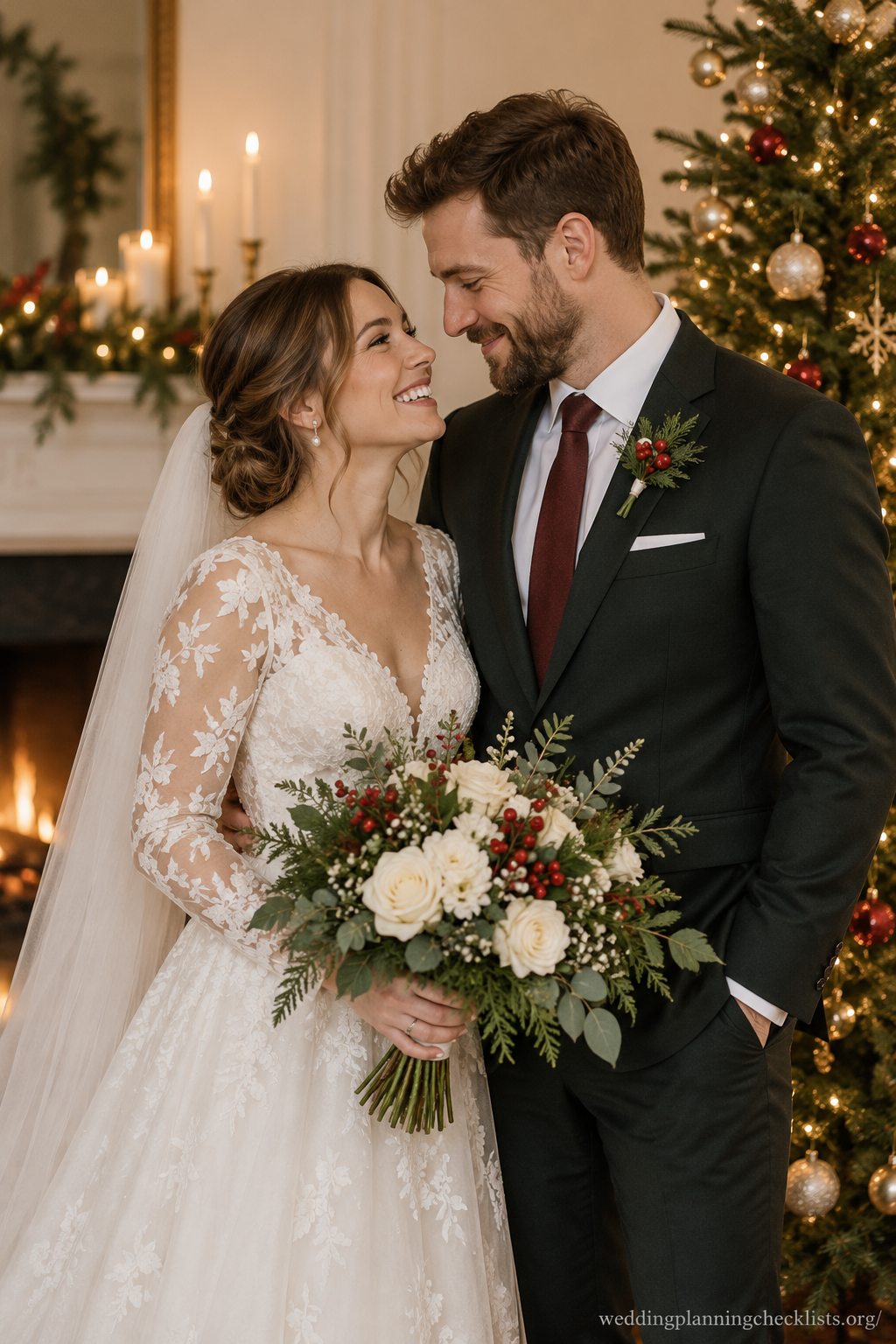 The classic tree-side portrait at a Christmas wedding