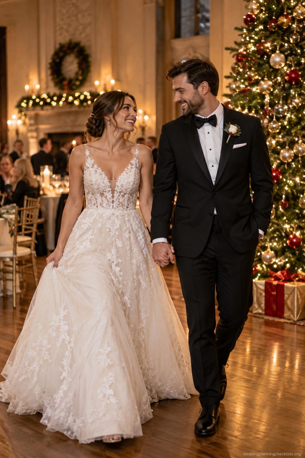 Walk past the tree at a Christmas wedding