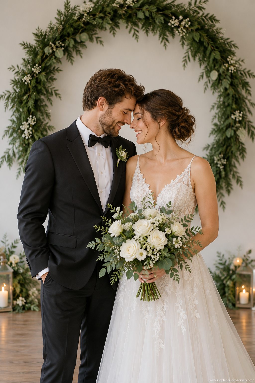 Pause beneath a wreath at a Christmas wedding