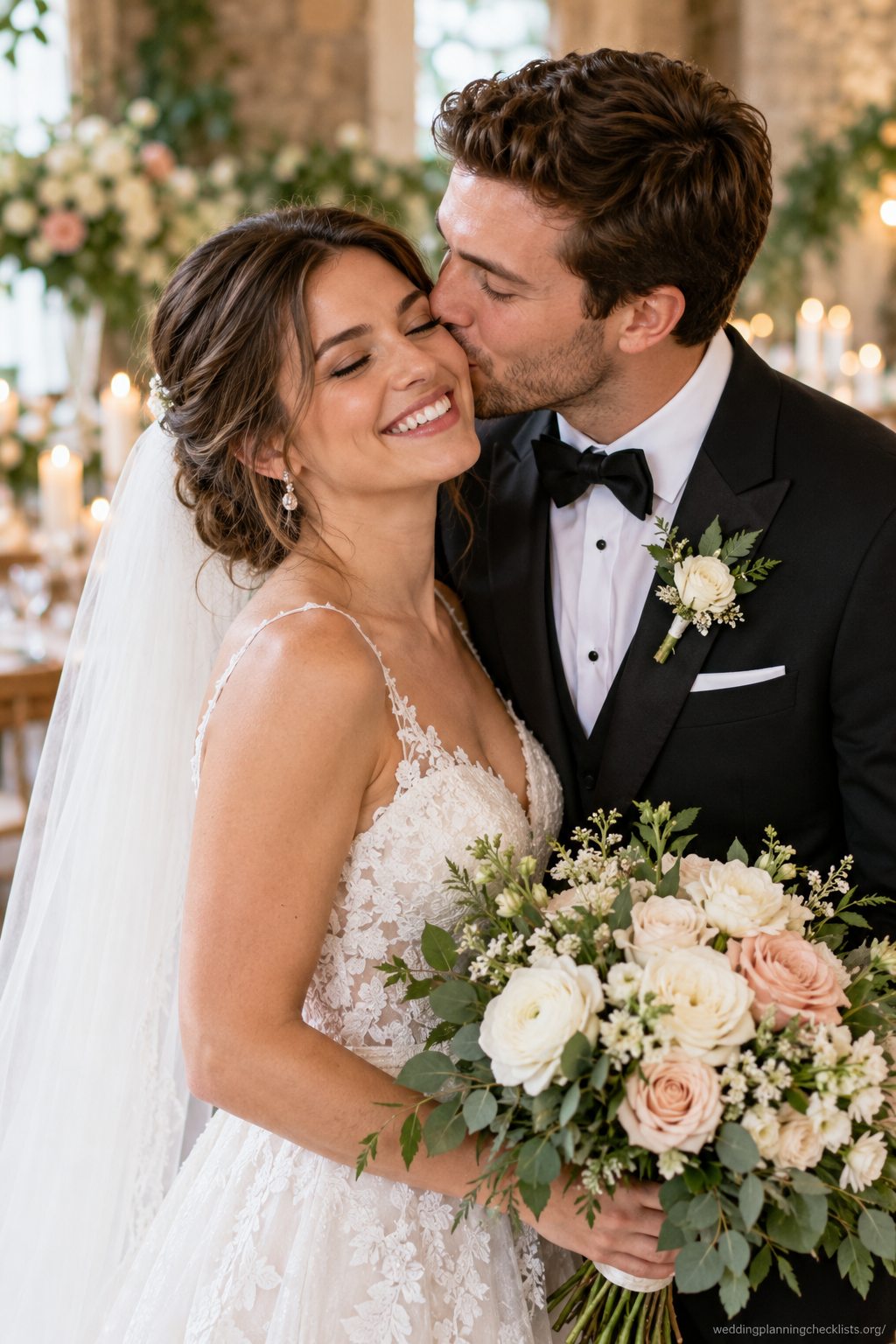 A gentle cheek kiss at a Christmas wedding
