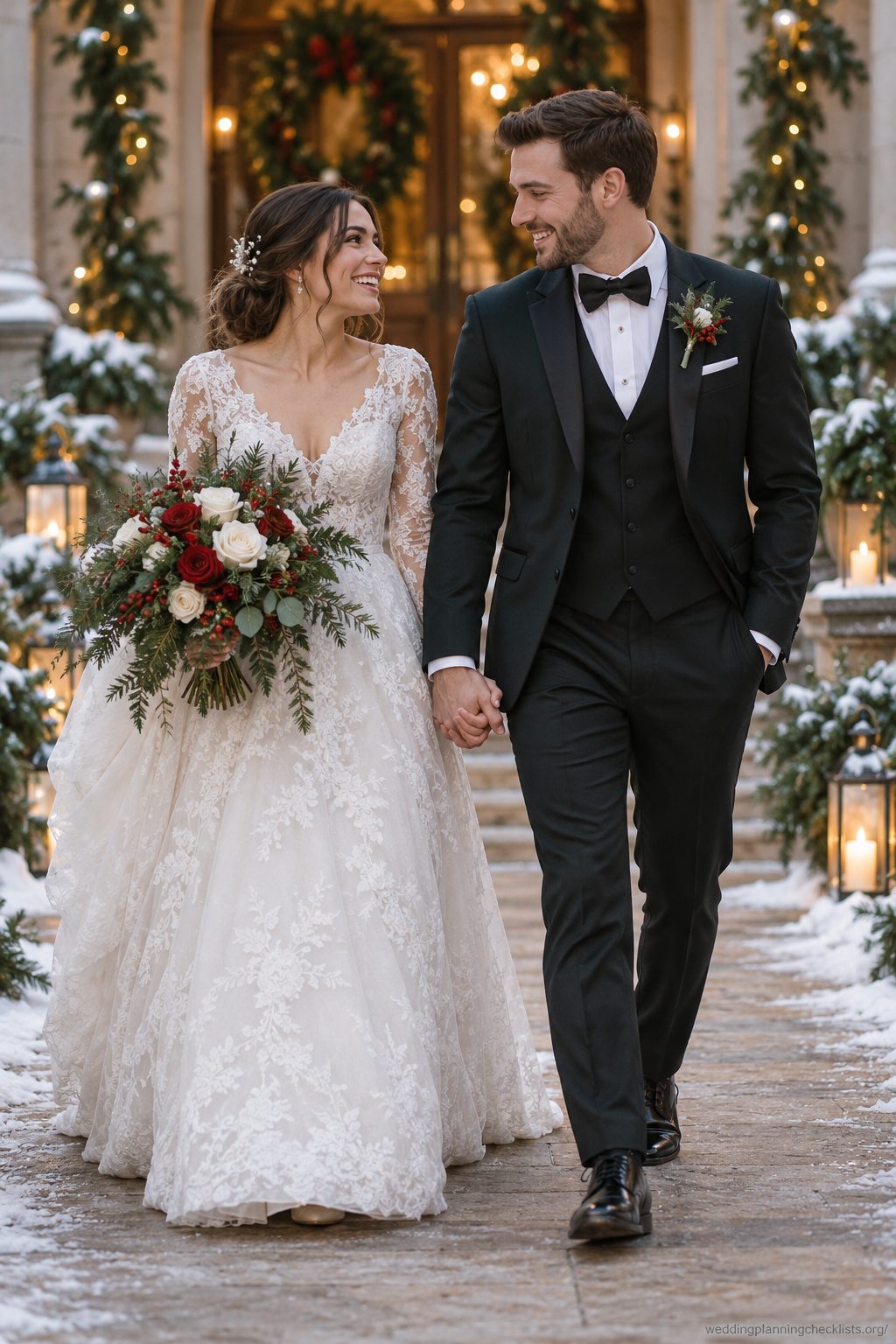 Walk toward the camera at a Christmas wedding