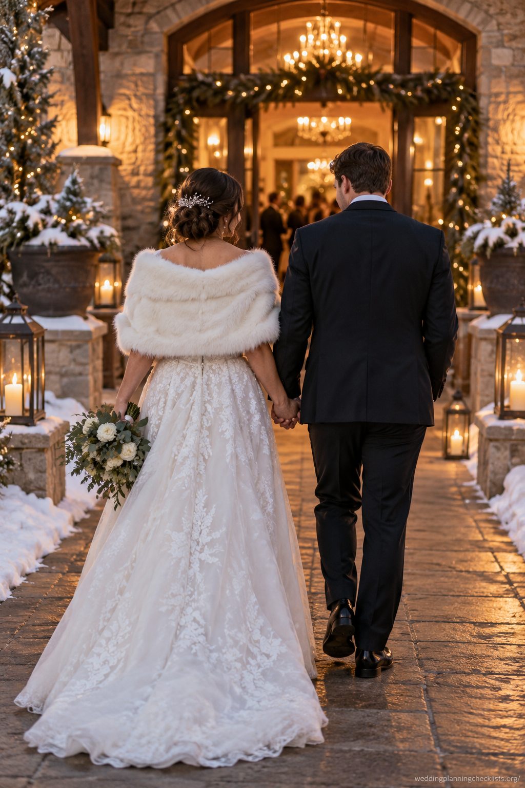 Walk away together at a Christmas wedding