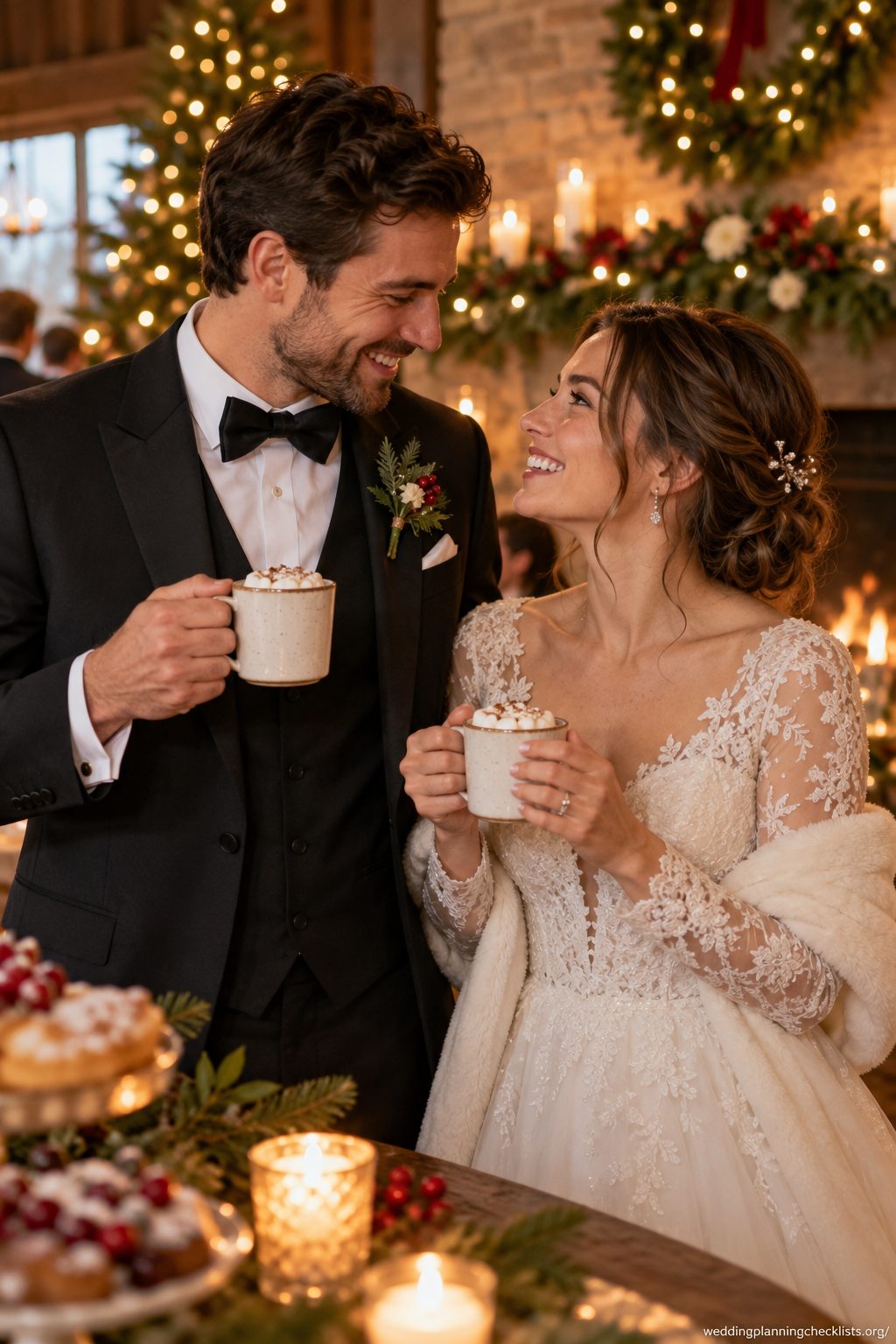 Share a warm drink at a Christmas wedding