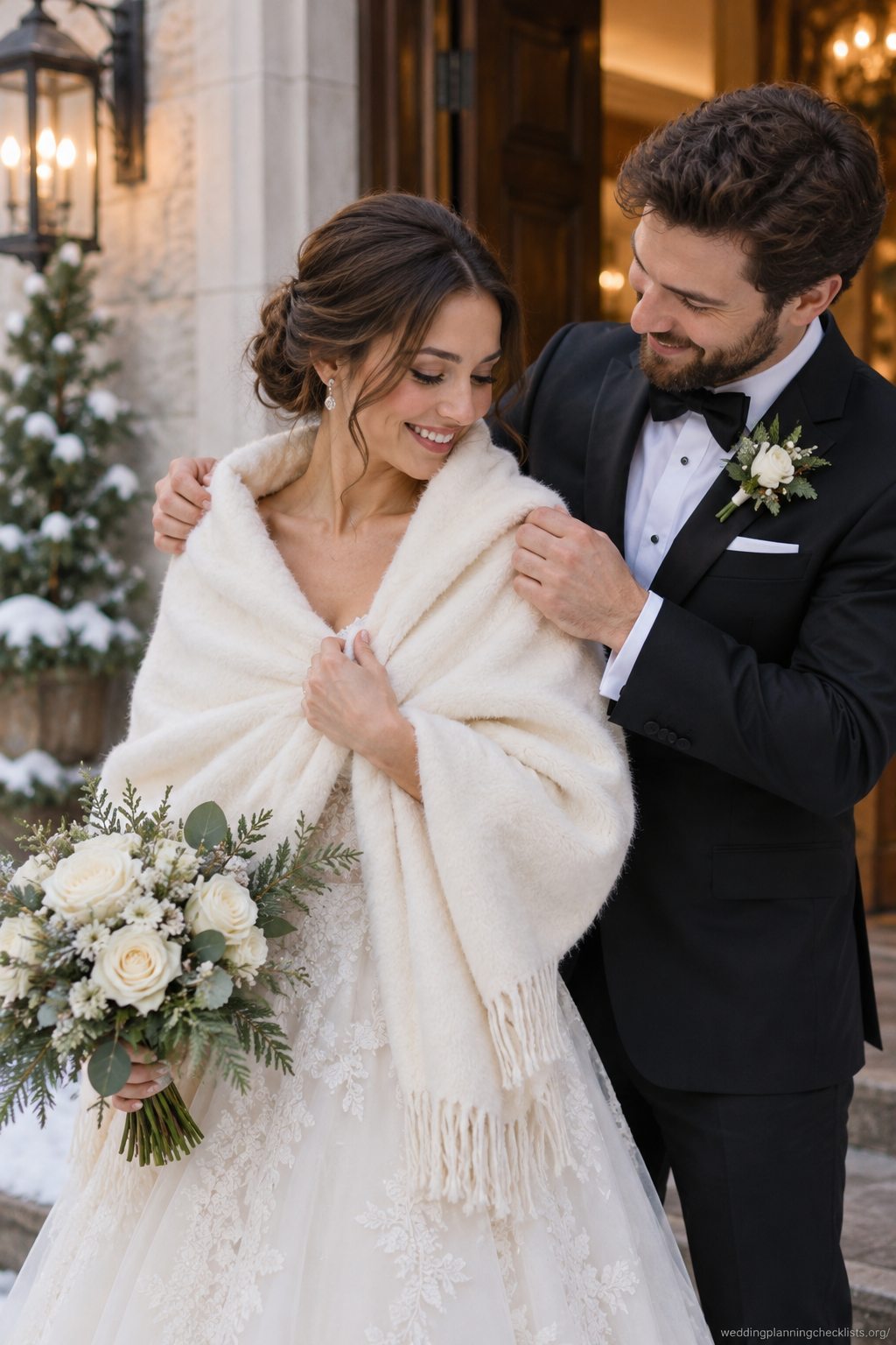 Adjust a winter layer at a Christmas wedding