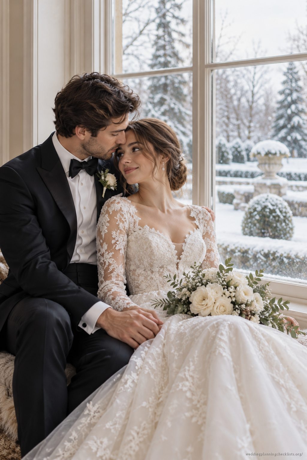 Sit together by a window at a Christmas wedding
