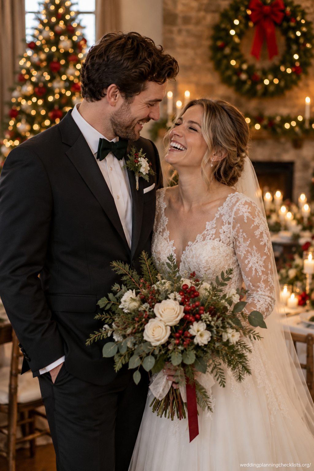 Share a private laugh at a Christmas wedding