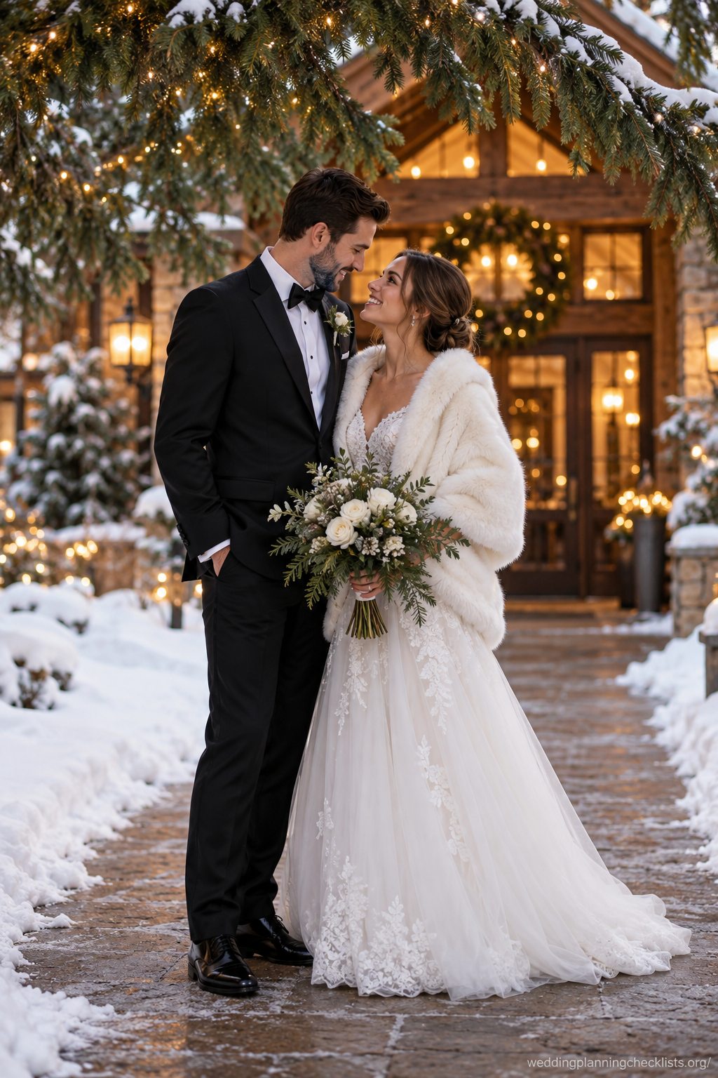 Step outside for a brief portrait at a Christmas wedding