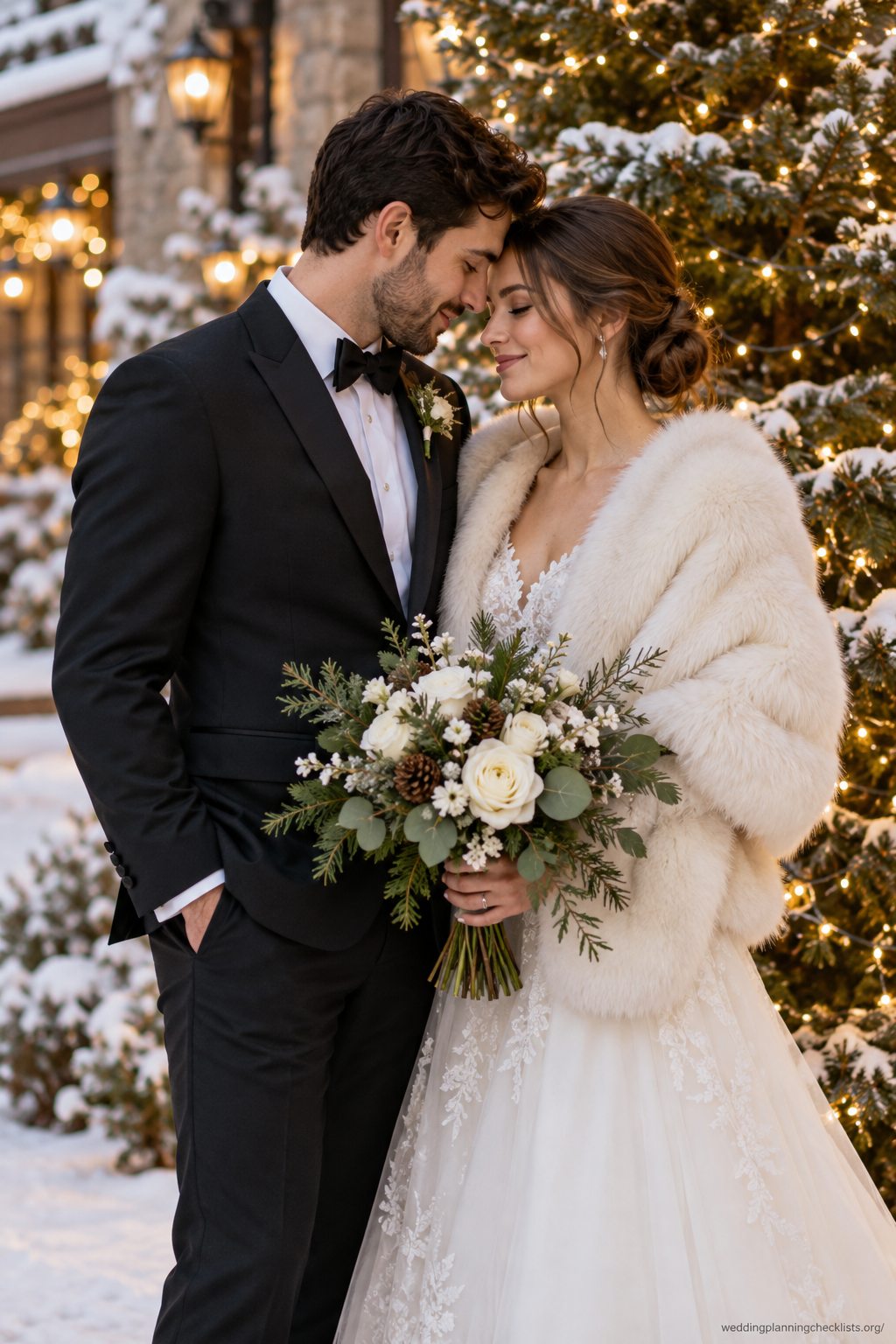 Editorial wedding photograph of a newly married couple sharing a quiet moment beside an evergreen Christmas tree