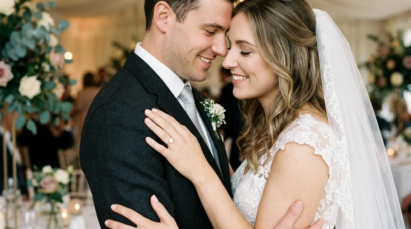 Close up bride resting hand on groom lapel
