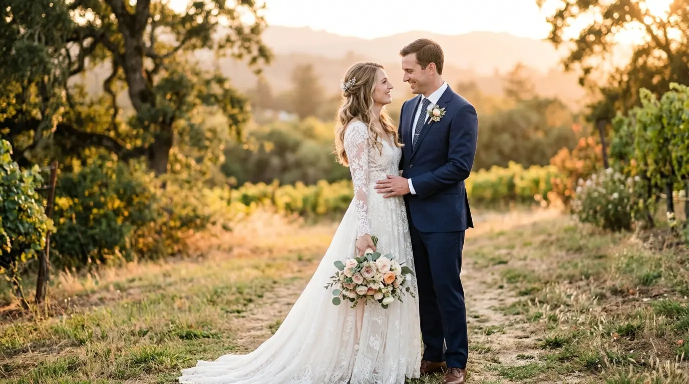 Bride and groom posing naturally outdoors for wedding photography during golden hour