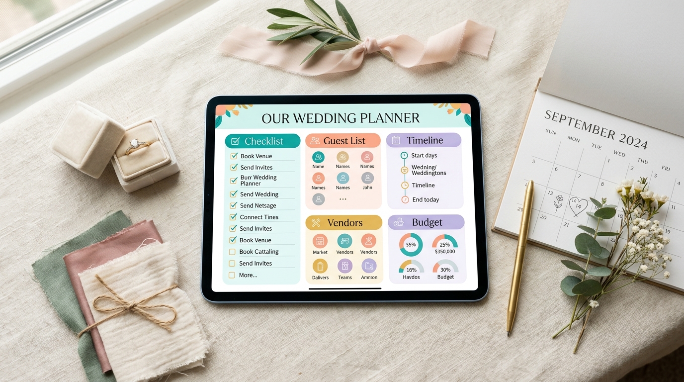 Free wedding checklist generator shown on a tablet screen