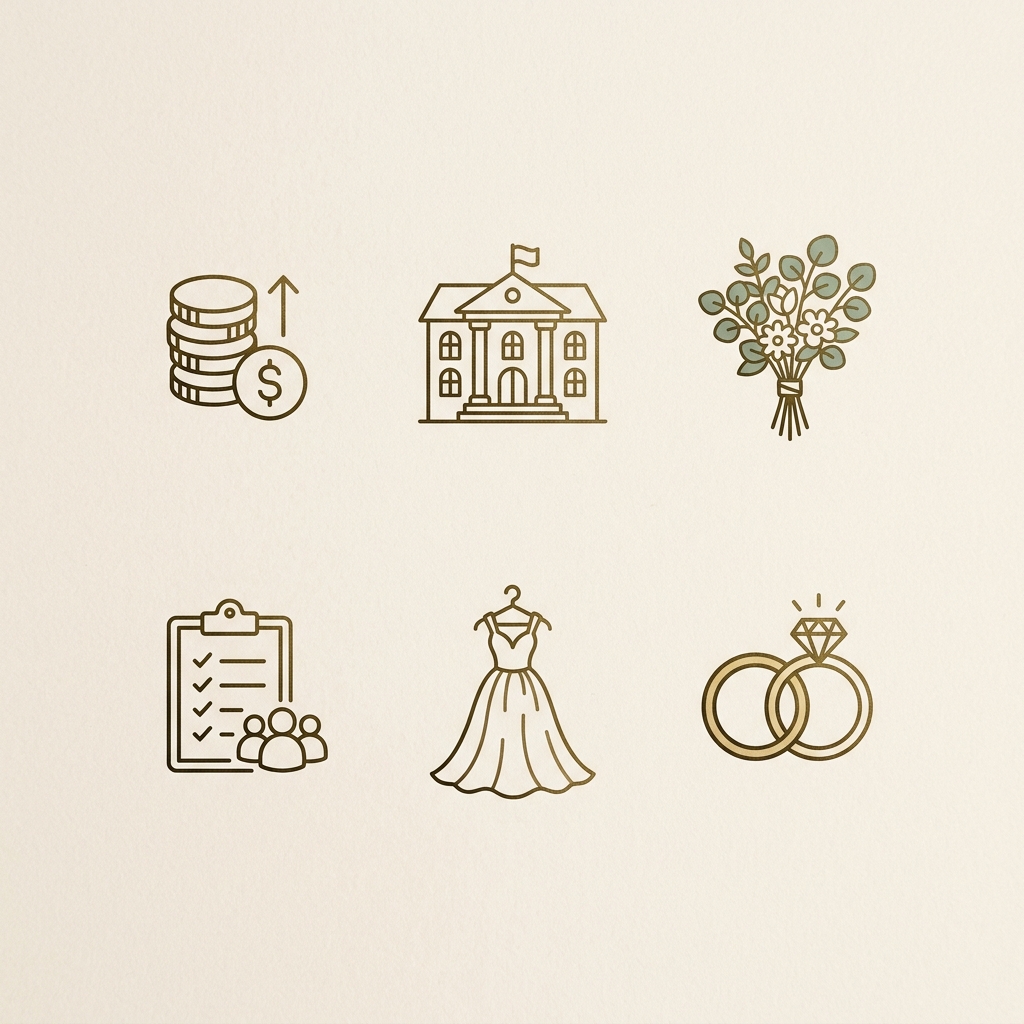 Icons representing wedding checklist categories like budget, venue, and guests