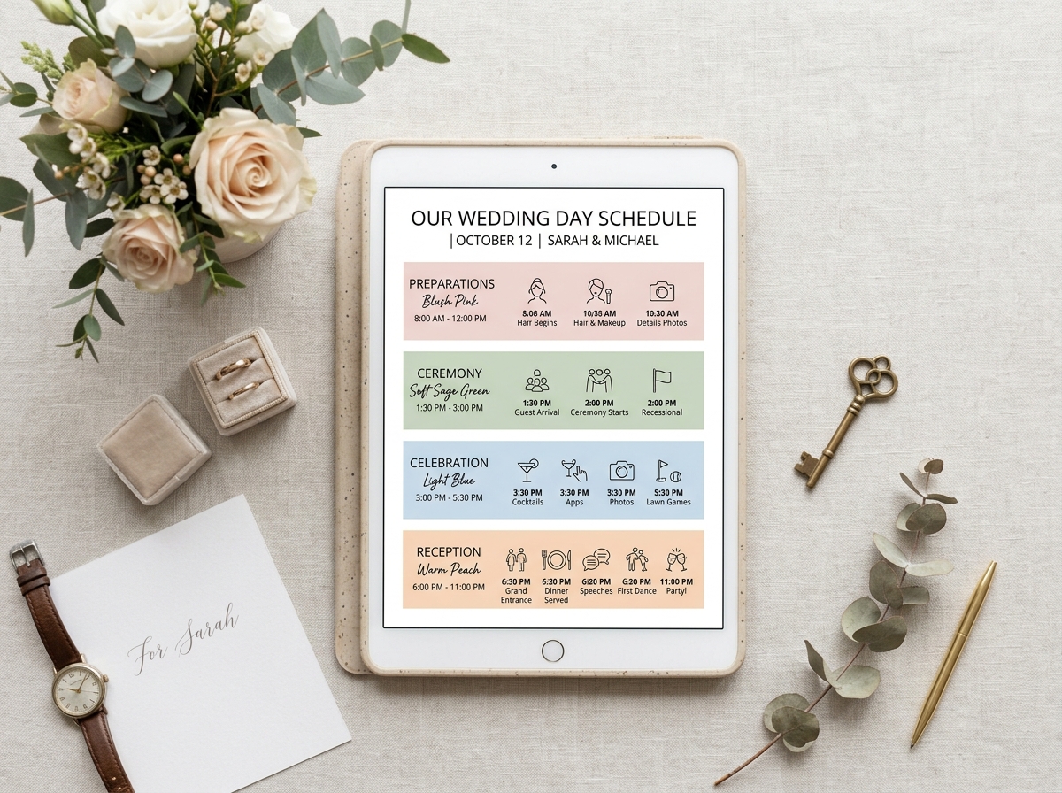 Wedding day timeline generator showing a sample schedule on a tablet