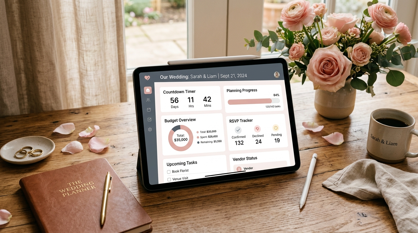 A modern wedding planning dashboard on a tablet showing wedding countdown, task completion, budget overview, and RSVP tracker