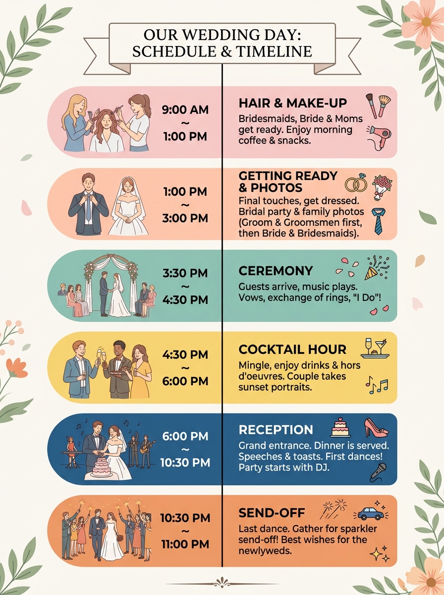 Infographic of wedding day timeline blocks from getting ready to send-off