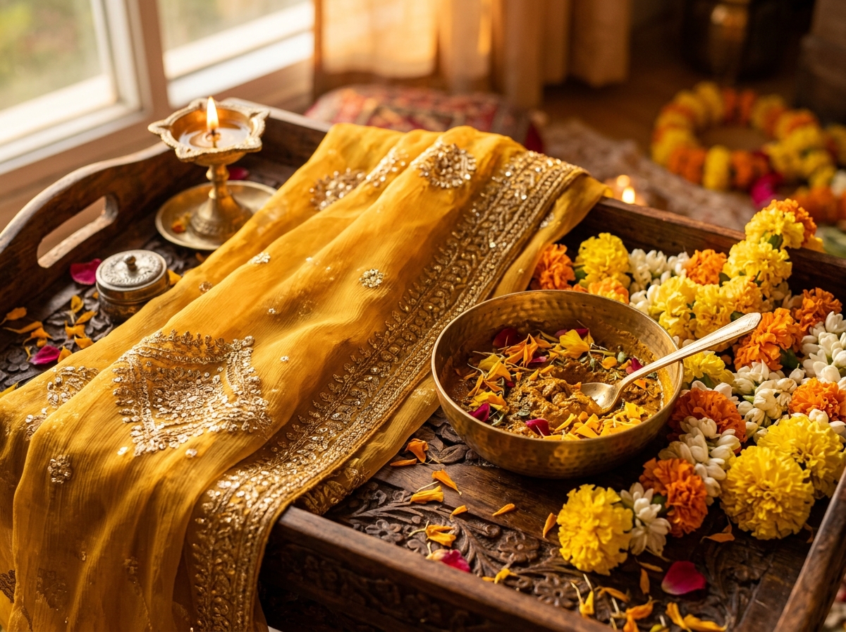 Mayun setup with yellow dupatta, marigolds and ubtan bowl