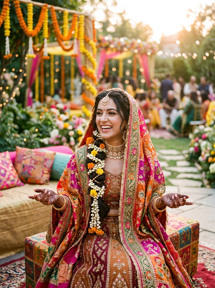 Mehndi hairstyle with fresh motia and marigold braid