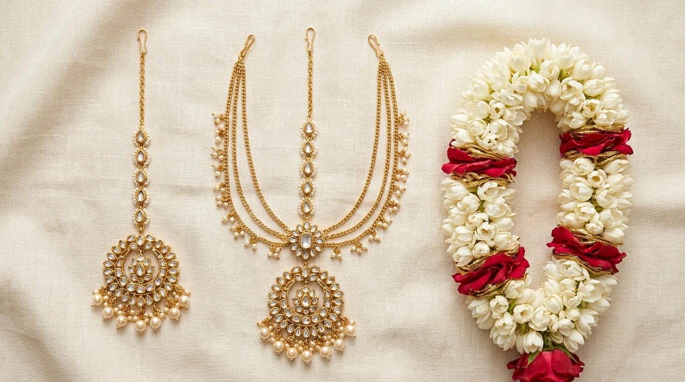 Jhumar, matha patti, and passa hair jewelry placement