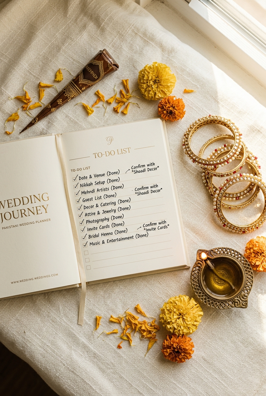 Pakistani wedding checklist notebook with henna cone and gold bangles