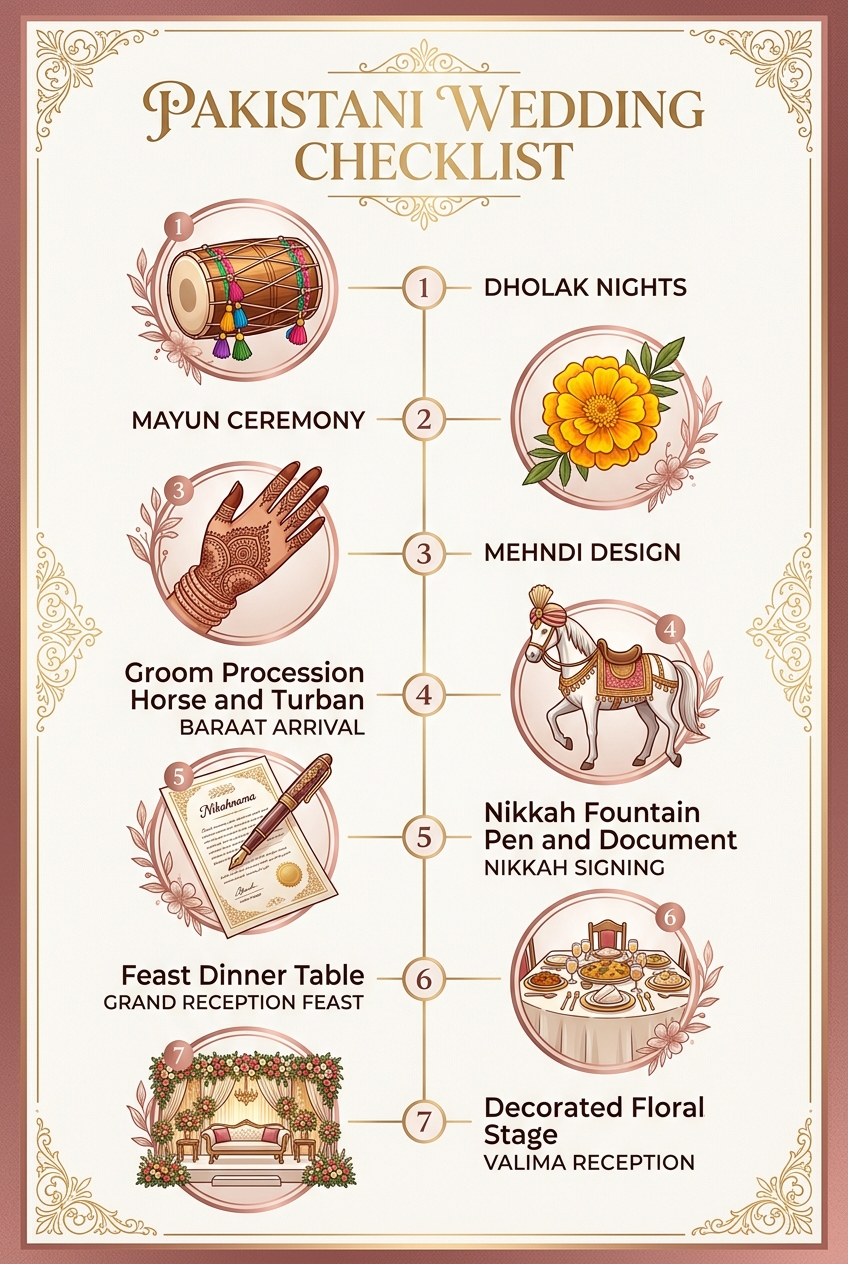 Illustrated sequence of Pakistani wedding functions from Dholki to Walima
