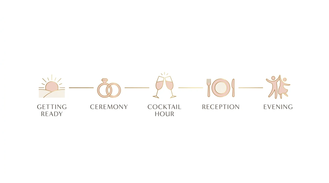 18-month wedding planning timeline showing 4 phases: foundation, vendor booking, details refinement, and finalization