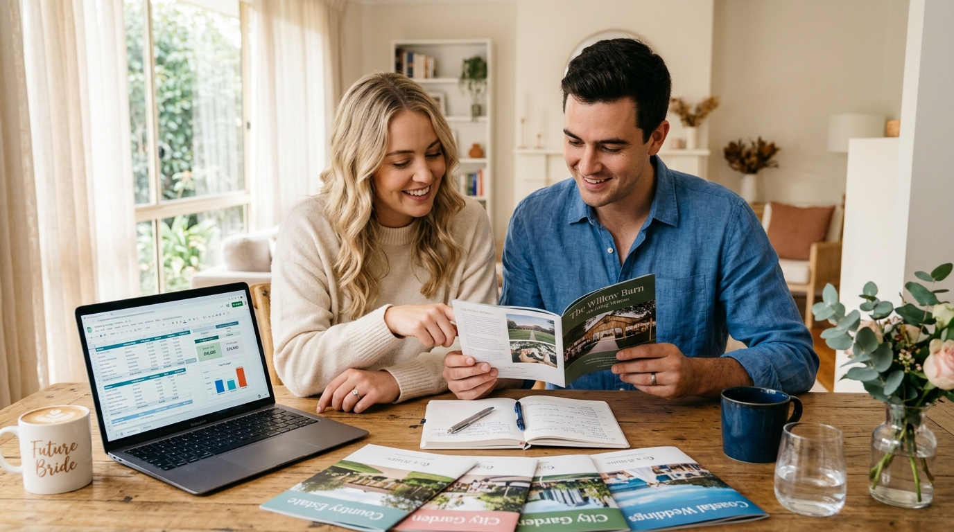 Couple reviewing wedding budget and venue options during month four of planning
