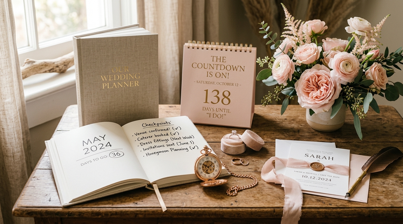Wedding countdown calendar, planner journal with checkpoints, and pocket watch on wooden table