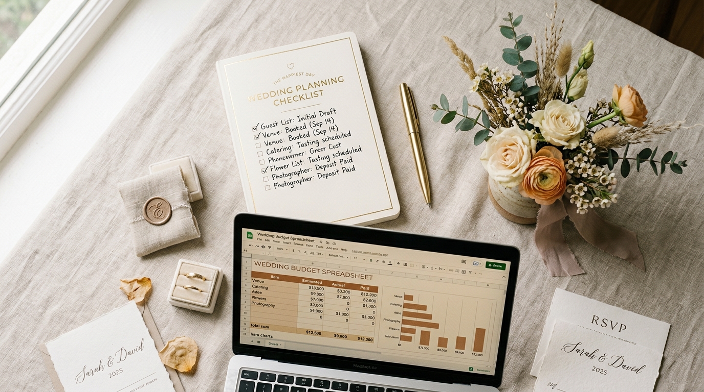 Free wedding planning checklist and budget planner flat lay