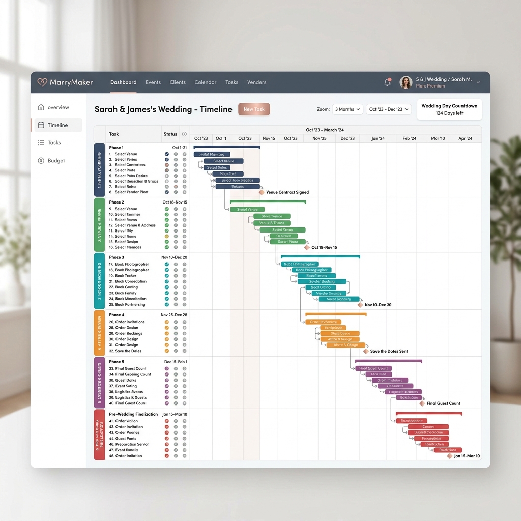 Professional Wedding Planning Dashboard showing a 6-phase Gantt chart timeline with task dependencies